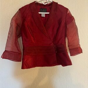 Alex Evenings Vintage Burgandy Short Blazer Blouse w/ Decorative Button Side
